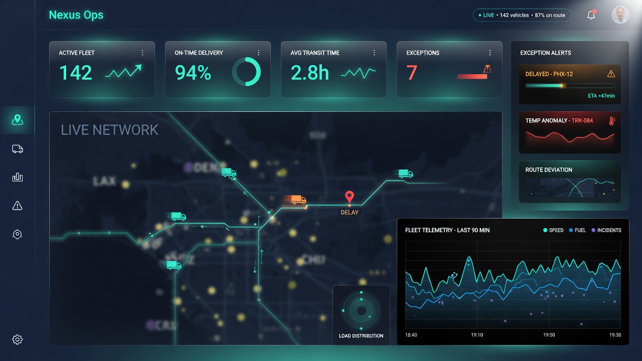 Nexus Ops logistics dashboard with live fleet map and exception alerts
