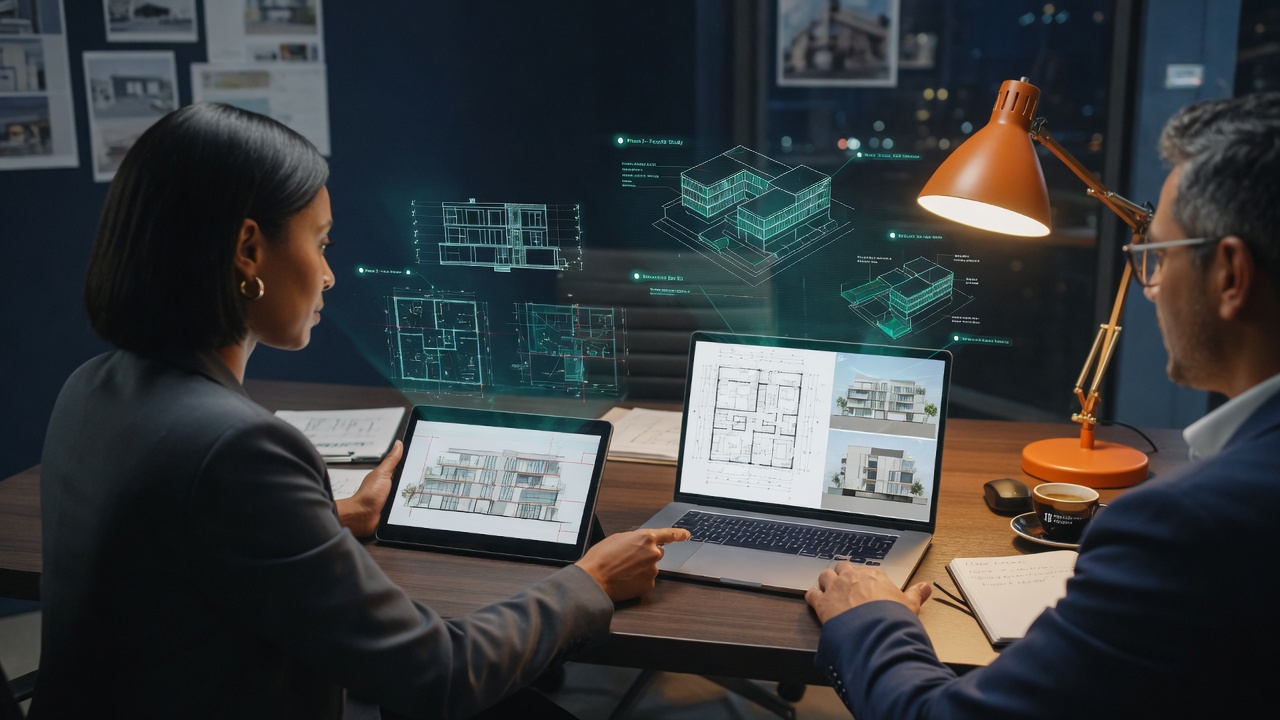 Two professionals reviewing architecture plans on a laptop with holographic system diagrams during a discovery conversation