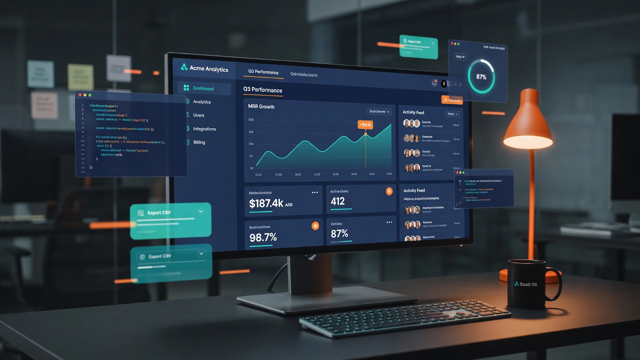Modern SaaS analytics dashboard on a monitor—representing the web products Onna Cloud ships for clients