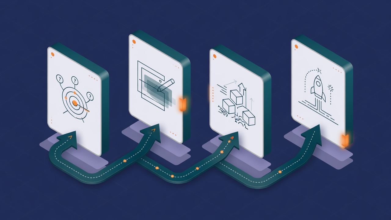 Four-stage software delivery process visualization from discovery through launch